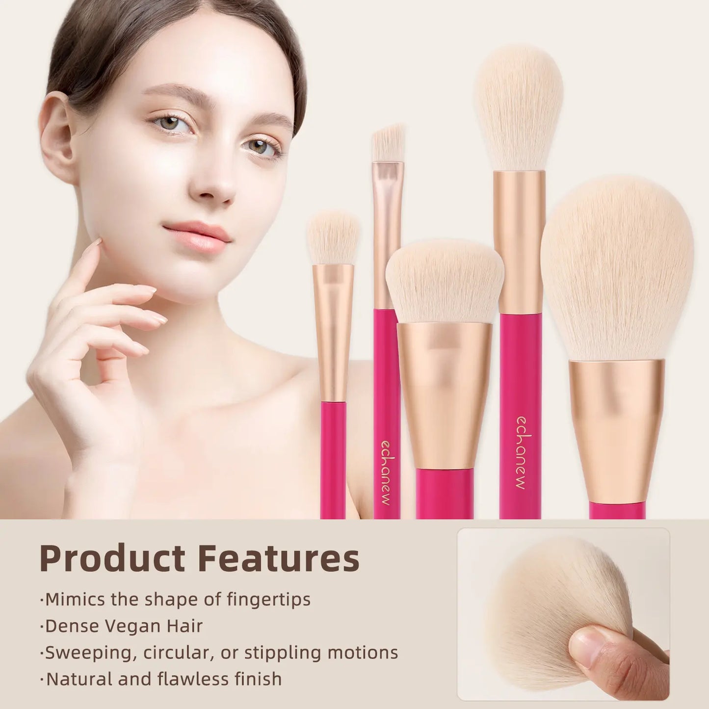 ECHANEW Professional Soft Makeup Brush Kit, with Pink Plush Makeup Bag, 10 Pcs/Set Fixed Makeup Brush, Comfortable Grip, Suitable for Women and Girl Makeup Tools