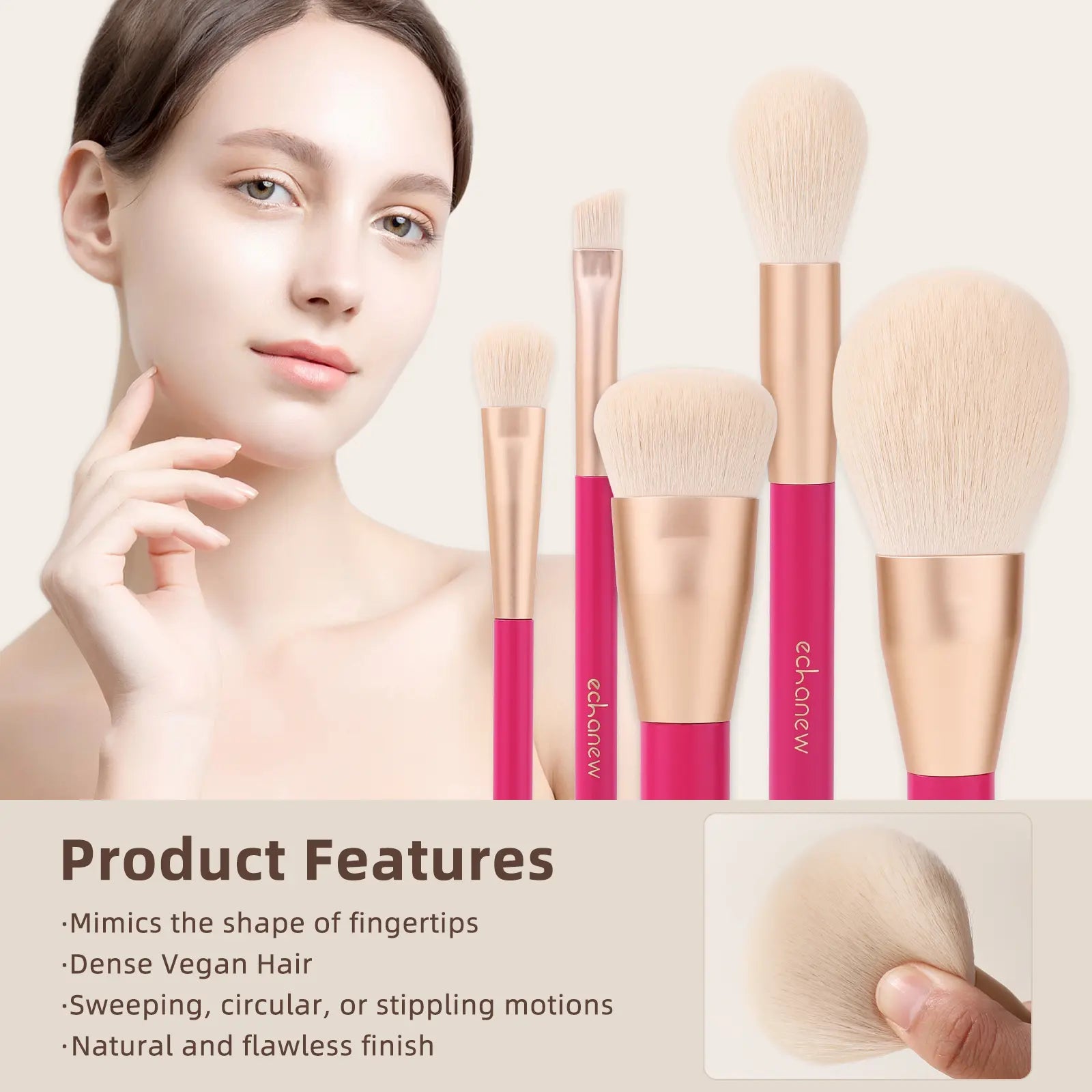 ECHANEW Professional Soft Makeup Brush Kit, with Pink Plush Makeup Bag, 10 Pcs/Set Fixed Makeup Brush, Comfortable Grip, Suitable for Women and Girl Makeup Tools