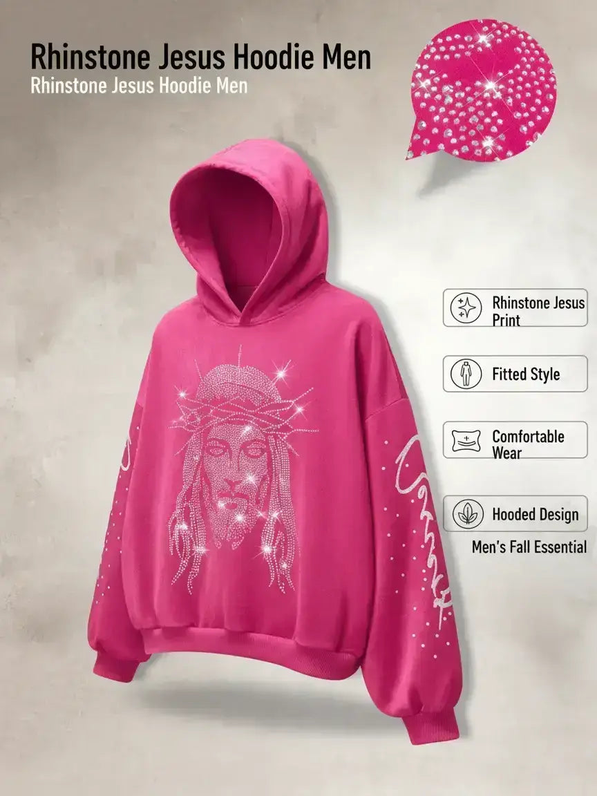 Men'S Fall Casual Hooded Sweatshirt with Rhinestone Jesus Print, Fitted Style, Comfortable and Durable, Versatile for Various Occasions, Graphic Hoodie