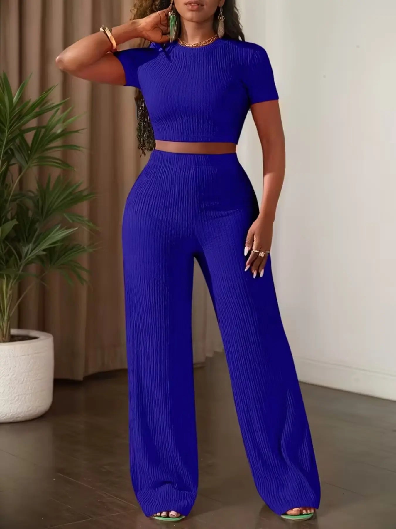 Women'S Casual Short Sleeve Top & Wide Leg Pants Set, Pure Color Summer, Comfortable Daily Wear, Stylish Fashion Ensemble