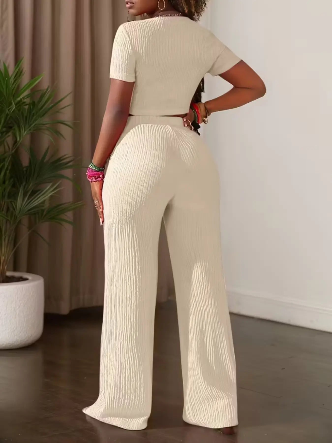 Women'S Casual Short Sleeve Top & Wide Leg Pants Set, Pure Color Summer, Comfortable Daily Wear, Stylish Fashion Ensemble