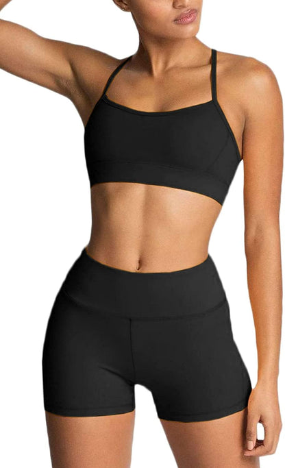 Women'S Workout Sets 2 Piece Yoga Outfits High Waisted Biker Shorts and Cross Back Sports Bra Gym Set