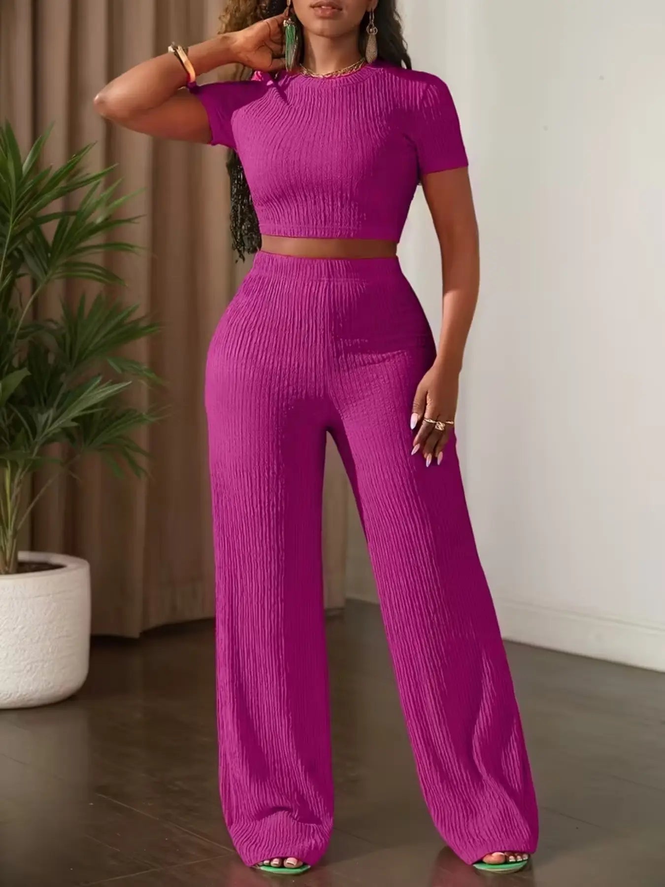 Women'S Casual Short Sleeve Top & Wide Leg Pants Set, Pure Color Summer, Comfortable Daily Wear, Stylish Fashion Ensemble