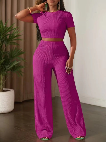 Women'S Casual Short Sleeve Top & Wide Leg Pants Set, Pure Color Summer, Comfortable Daily Wear, Stylish Fashion Ensemble
