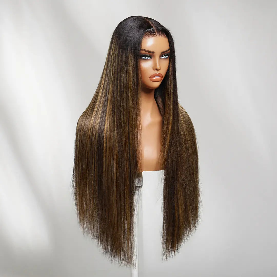 Nadula Black to Chestnut Brown with Highlights Yaki Straight 13X4 Lace Wig with Drawstring Human Hair Invisible Knots Glueless Put on and Go Beginner Friendly Natural Look Tiktokshopspringglowup