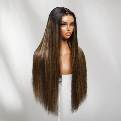 Nadula Black to Chestnut Brown with Highlights Yaki Straight 13X4 Lace Wig with Drawstring Human Hair Invisible Knots Glueless Put on and Go Beginner Friendly Natural Look Tiktokshopspringglowup