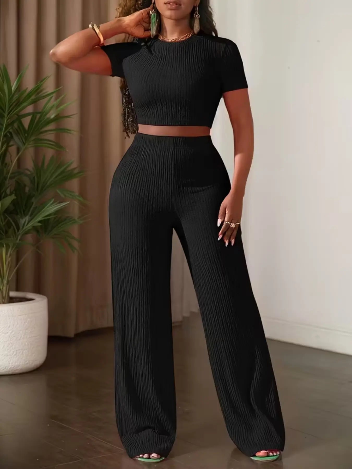 Women'S Casual Short Sleeve Top & Wide Leg Pants Set, Pure Color Summer, Comfortable Daily Wear, Stylish Fashion Ensemble