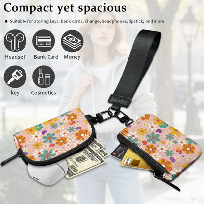 Hippie Flower Mini Metal Zipper Wristlet Wallet, Women'S Colorful Detachable Mini Dual Pouch Wristlet Purse, 2Pcs Coin Bag and Card Holder, Valentine‘S Day Gift for Girlfriend Women