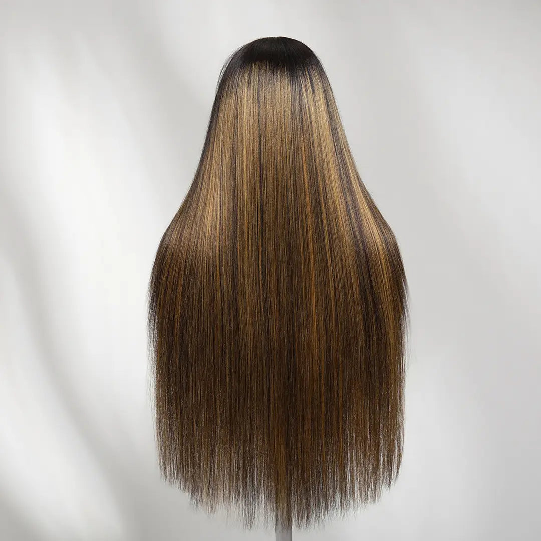 Nadula Black to Chestnut Brown with Highlights Yaki Straight 13X4 Lace Wig with Drawstring Human Hair Invisible Knots Glueless Put on and Go Beginner Friendly Natural Look Tiktokshopspringglowup