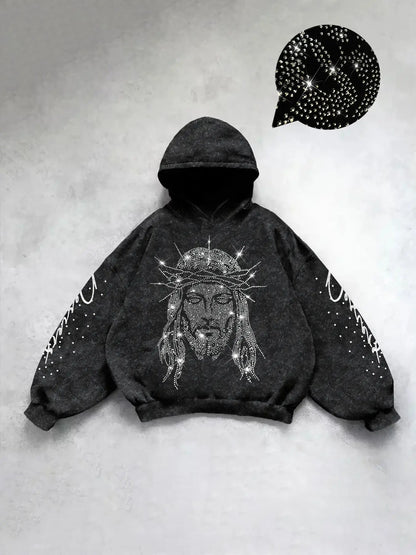 Men'S Fall Casual Hooded Sweatshirt with Rhinestone Jesus Print, Fitted Style, Comfortable and Durable, Versatile for Various Occasions, Graphic Hoodie