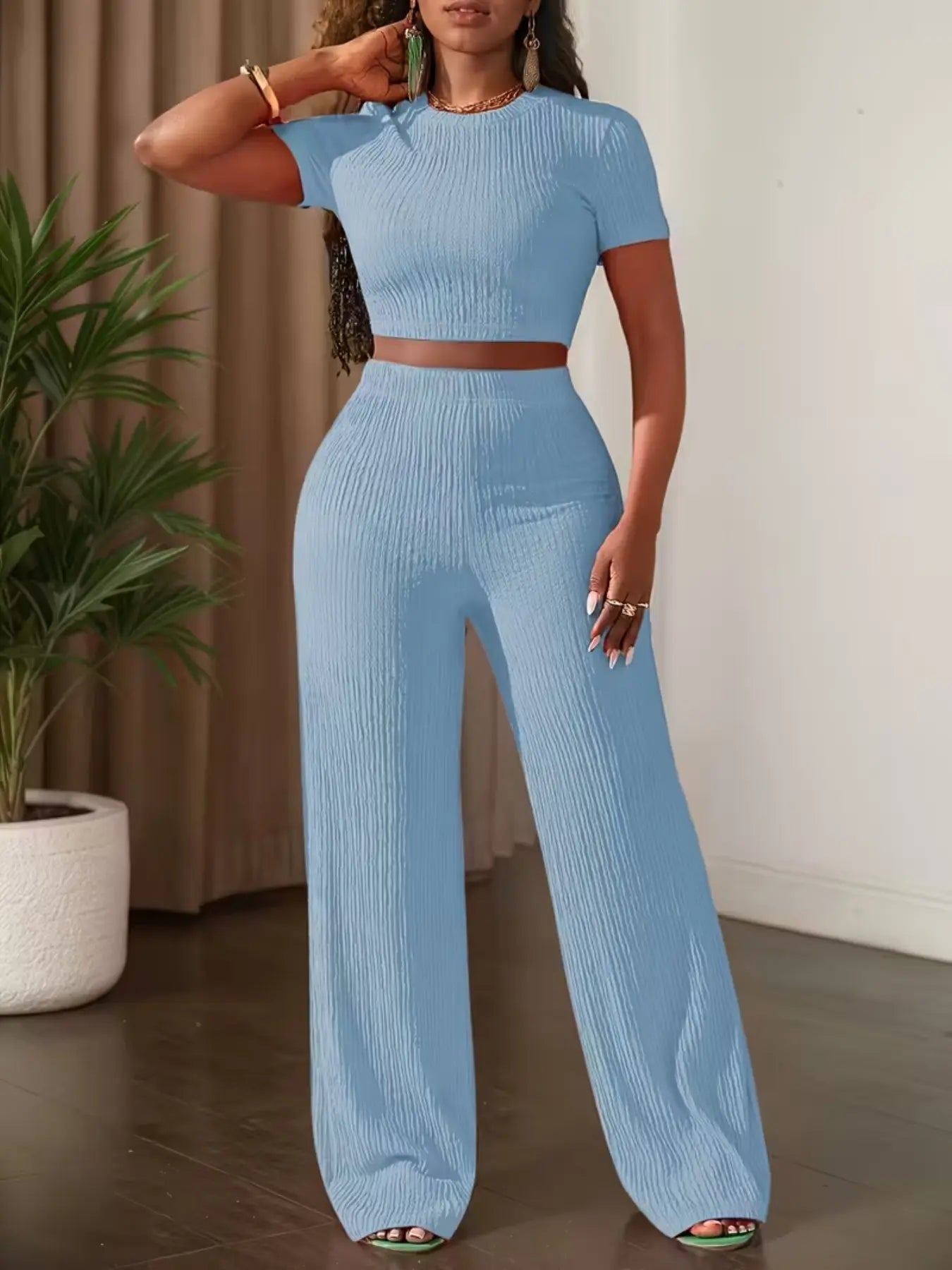 Women'S Casual Short Sleeve Top & Wide Leg Pants Set, Pure Color Summer, Comfortable Daily Wear, Stylish Fashion Ensemble
