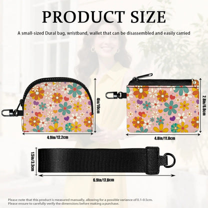 Hippie Flower Mini Metal Zipper Wristlet Wallet, Women'S Colorful Detachable Mini Dual Pouch Wristlet Purse, 2Pcs Coin Bag and Card Holder, Valentine‘S Day Gift for Girlfriend Women